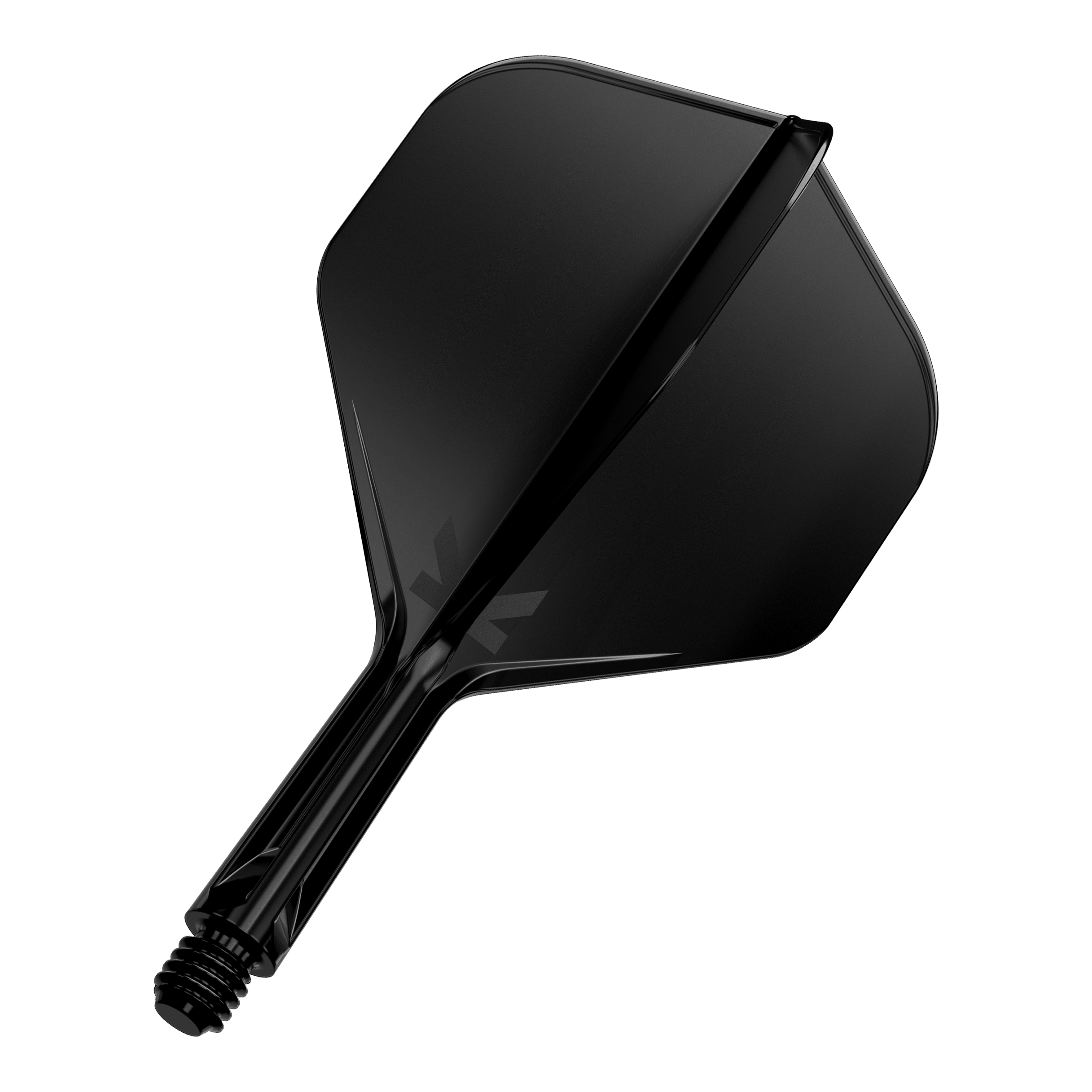 Das Bild zeigt ein schwarzes Dartflight mit integriertem Schaft. Das Design ist schlicht und modern gehalten.